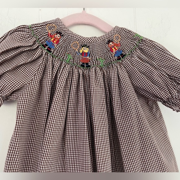 silly goose Other - Silly Goose Smocked Cowgirls Brown White Gingham Plaid Dress Size 12 Months